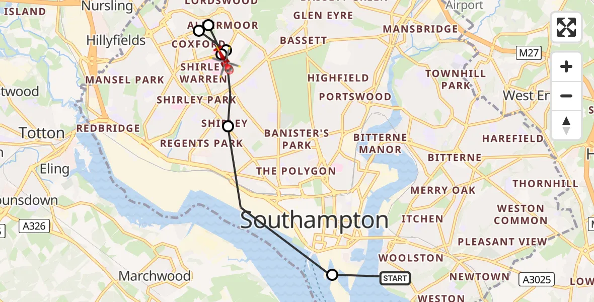 Flight route Air Ambulance Helicopter Woolston - University Hospital Southampton, 26 August 2026, 08:35
