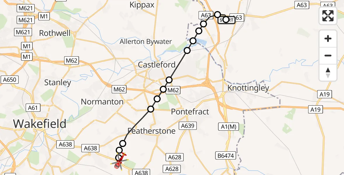 Flight route Air Ambulance Helicopter Burton Salmon - YAA Nostell Helicopter Port, 26 August 2026, 08:38