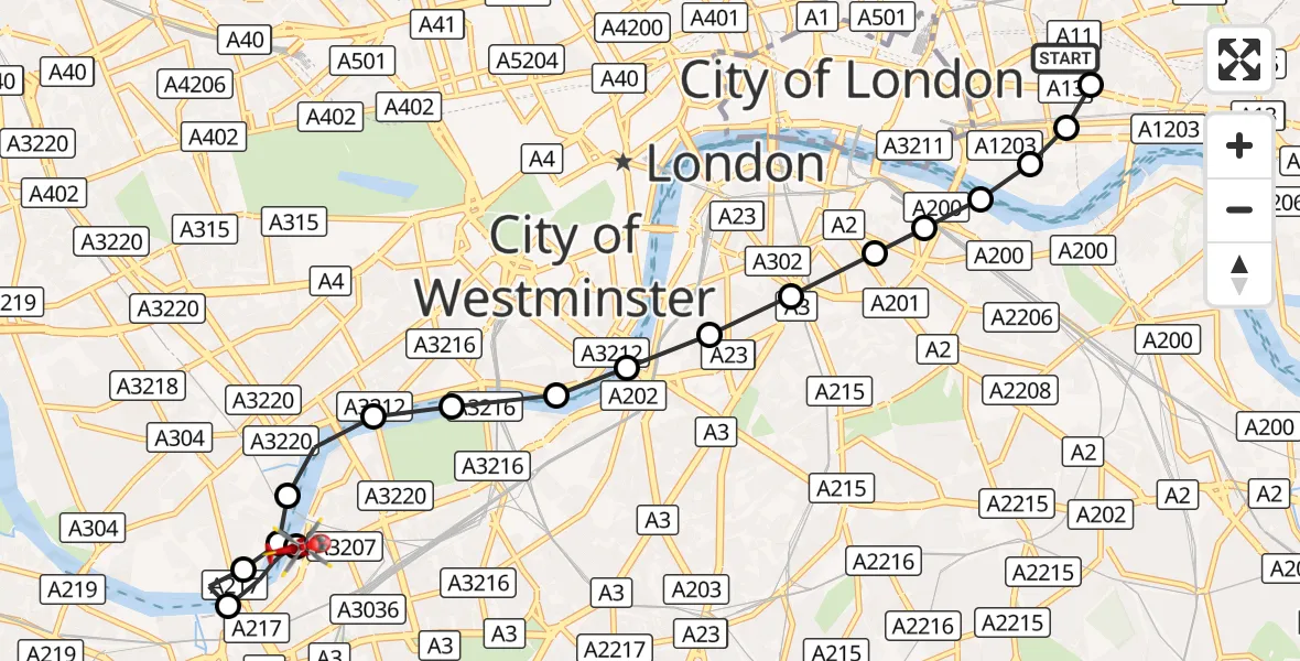 Flight route Air Ambulance Helicopter Royal London Hospital - London Heliport, 26 August 2026, 08:49