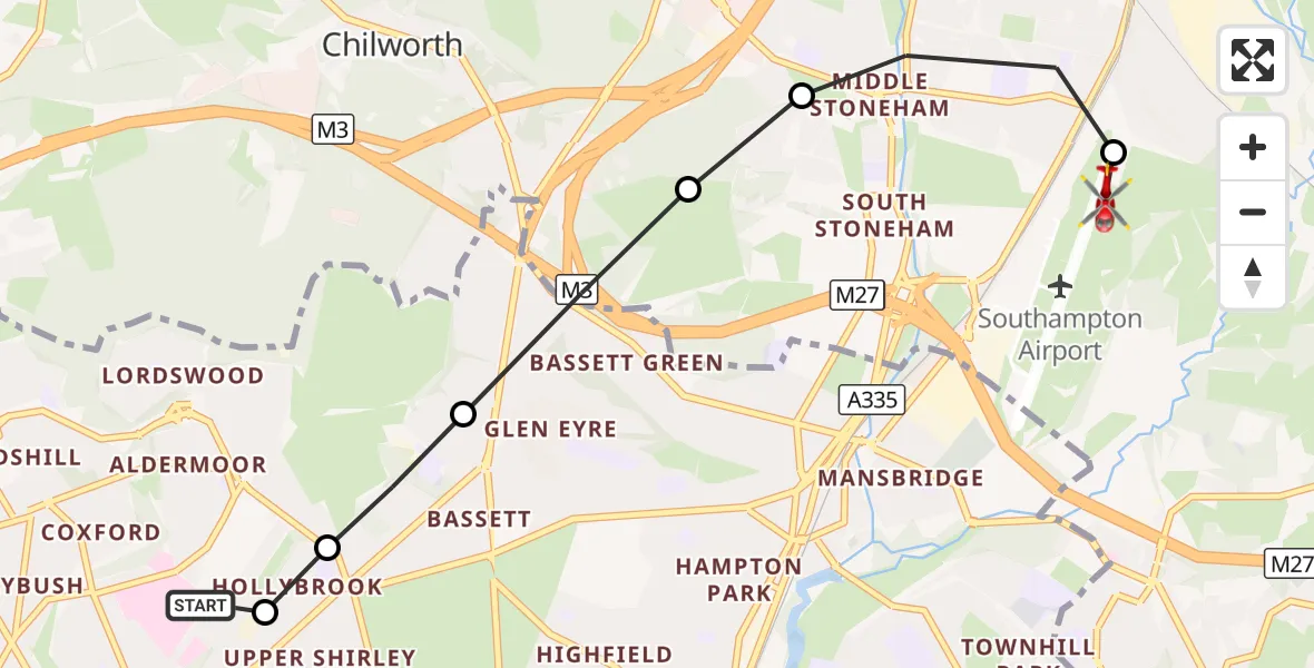 Flight route Air Ambulance Helicopter University Hospital Southampton - Southampton Airport, 26 August 2026, 08:52
