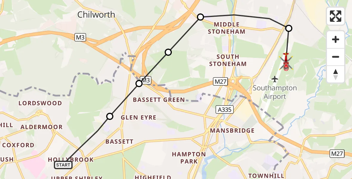 Flight route Air Ambulance Helicopter Hollybrook - Southampton Airport, 26 August 2026, 08:52