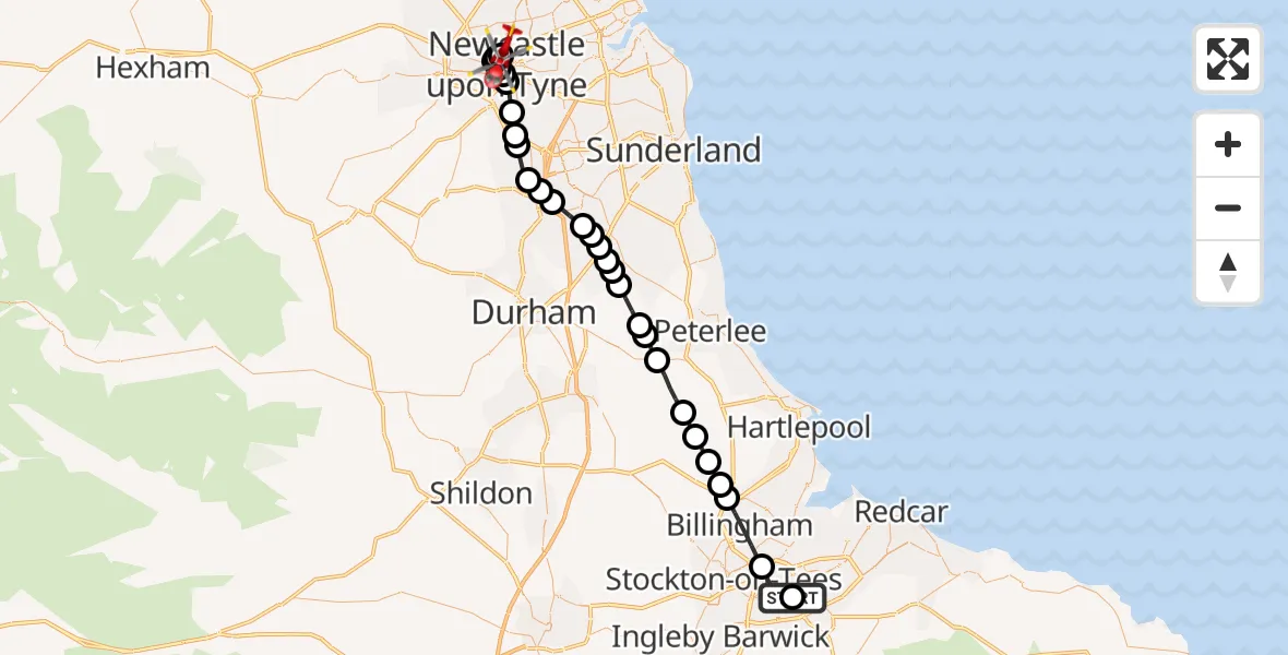 Flight route Air Ambulance Helicopter James Cook University Hospital - Newcastle Royal Victoria Infirmary, 26 August 2026, 08:59