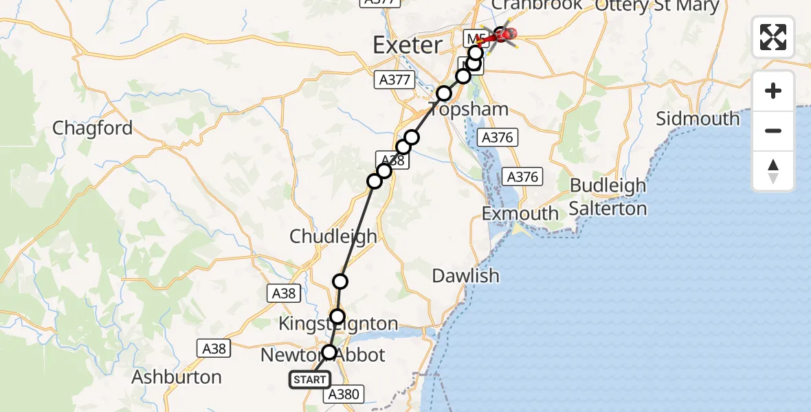 Flight route Air Ambulance Helicopter Abbotskerswell - East Devon, 26 August 2026, 09:05