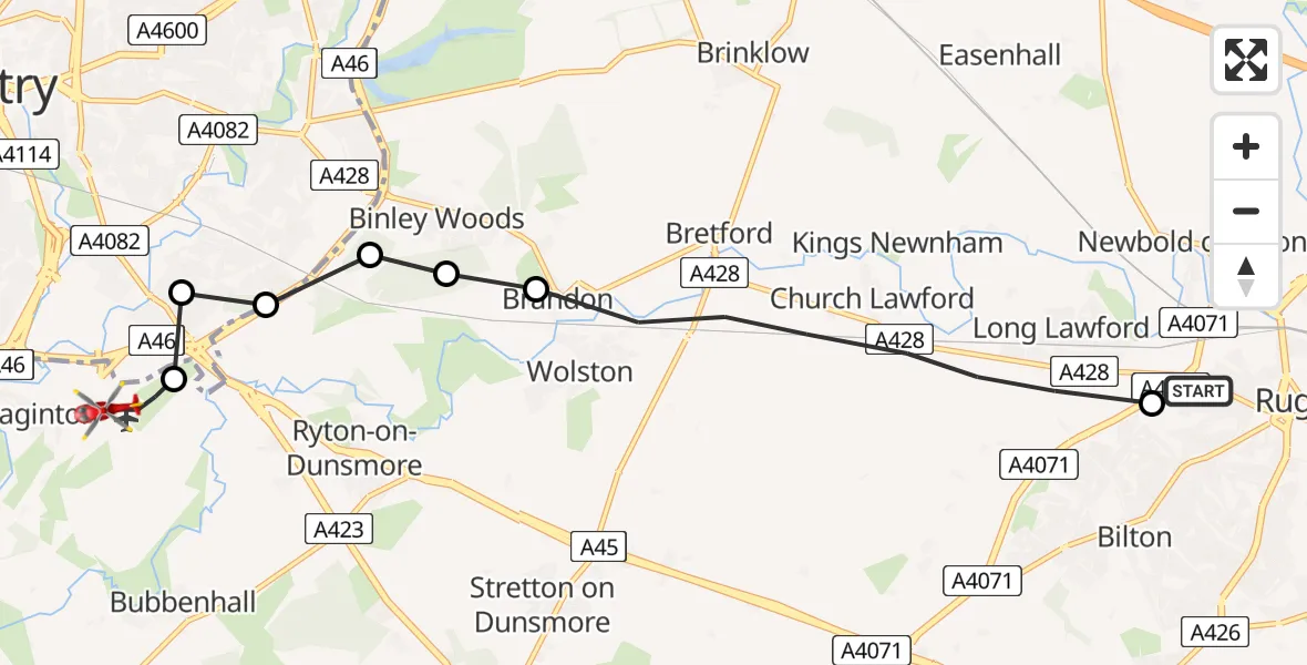 Flight route Air Ambulance Helicopter Rugby - Coventry Airport, 26 August 2026, 09:21