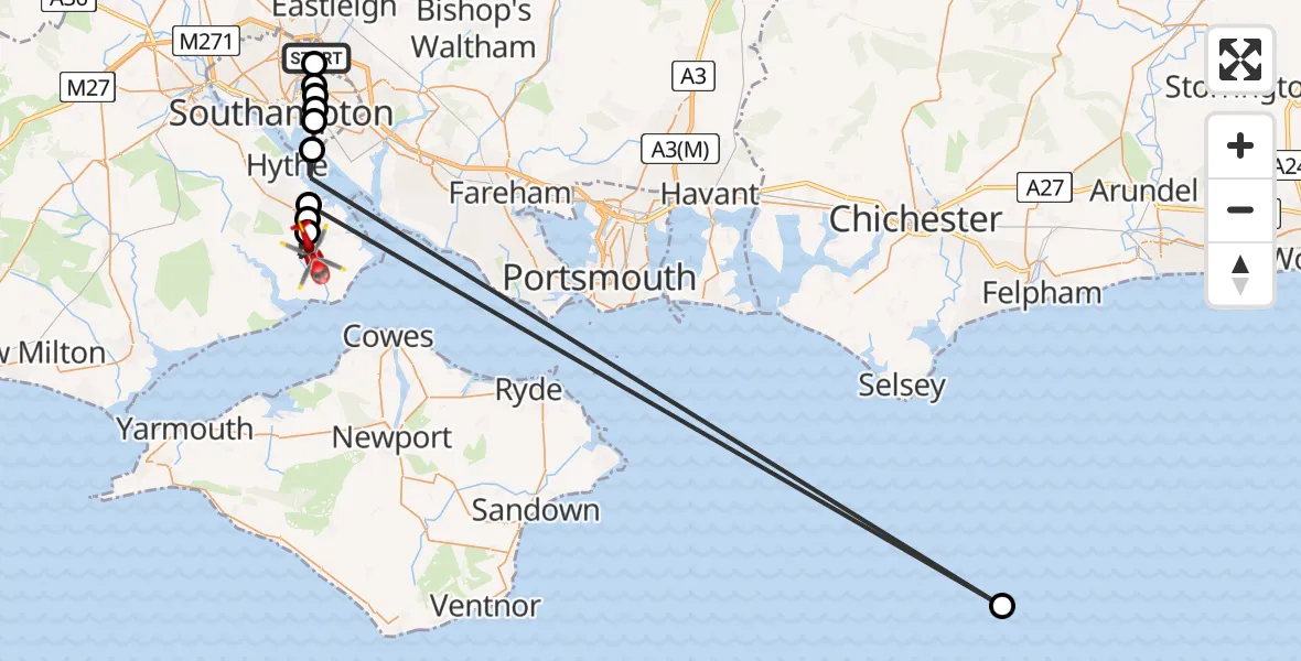 Flight route Air Ambulance Helicopter Mansbridge - Blackfield, 26 August 2026, 09:27
