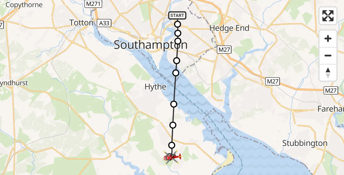 Flight route Air Ambulance Helicopter Bitterne Park - Blackfield, 26 August 2026, 09:28