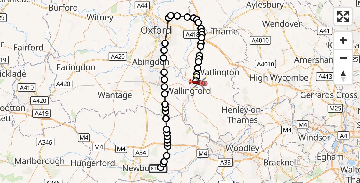 Flight route Air Ambulance Helicopter Thatcham - RAF Benson, 26 August 2026, 09:39