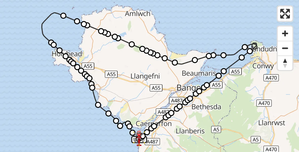 Flight route Air Ambulance Helicopter Caernarfon Airport - Caernarfon Airport, 26 August 2026, 09:59