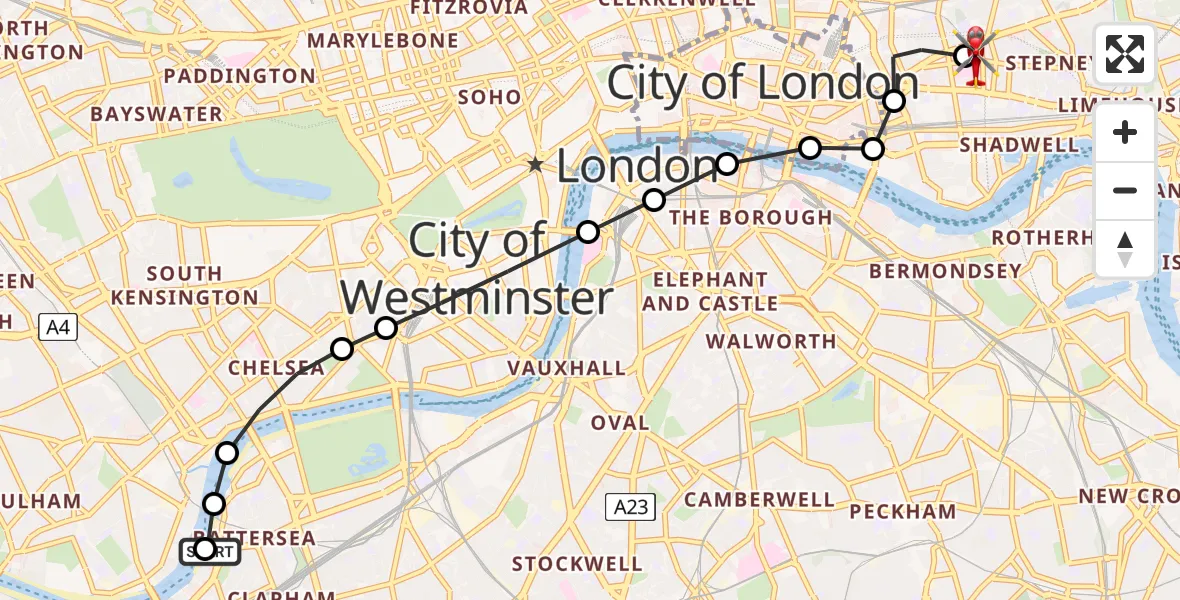 Flight route Air Ambulance Helicopter London Heliport - Royal London Hospital, 26 August 2026, 10:19