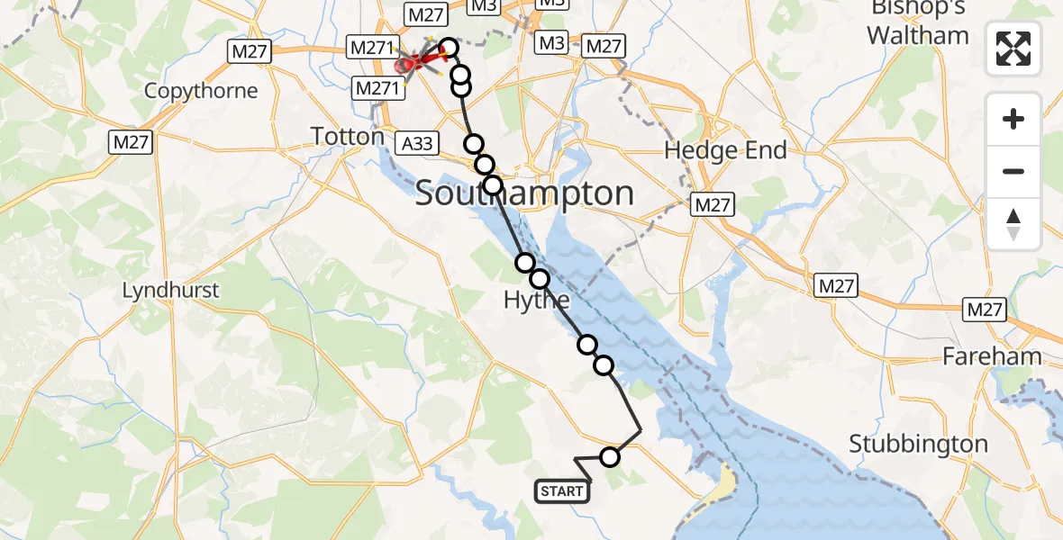Flight route Air Ambulance Helicopter Blackfield - Coxford, 26 August 2026, 10:23