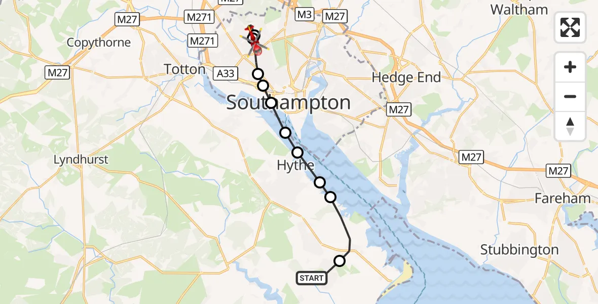 Flight route Air Ambulance Helicopter Blackfield - University Hospital Southampton, 26 August 2026, 10:23