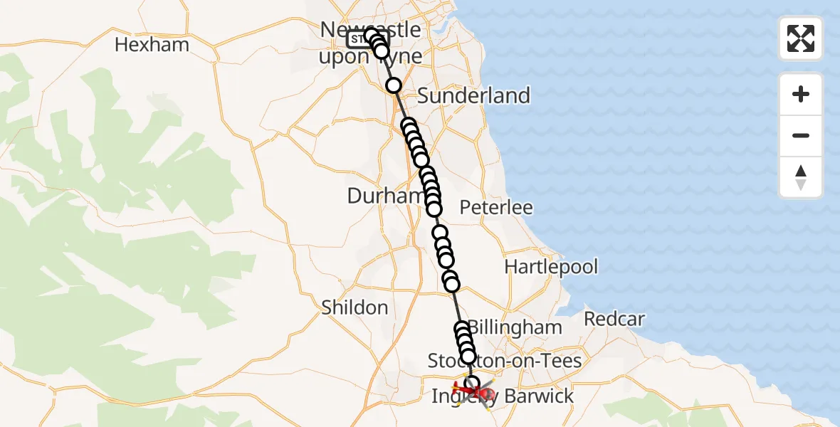 Flight route Air Ambulance Helicopter Newcastle Royal Victoria Infirmary - Egglescliffe, 26 August 2026, 10:36