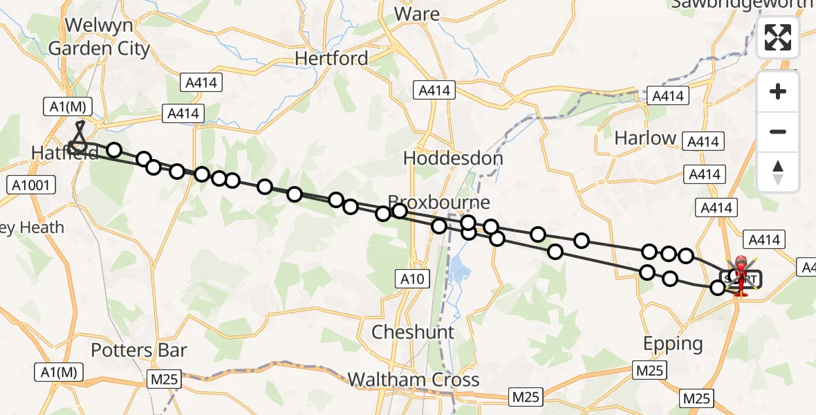 Flight route Air Ambulance Helicopter North Weald Airfield - North Weald Airfield, 26 August 2026, 10:46