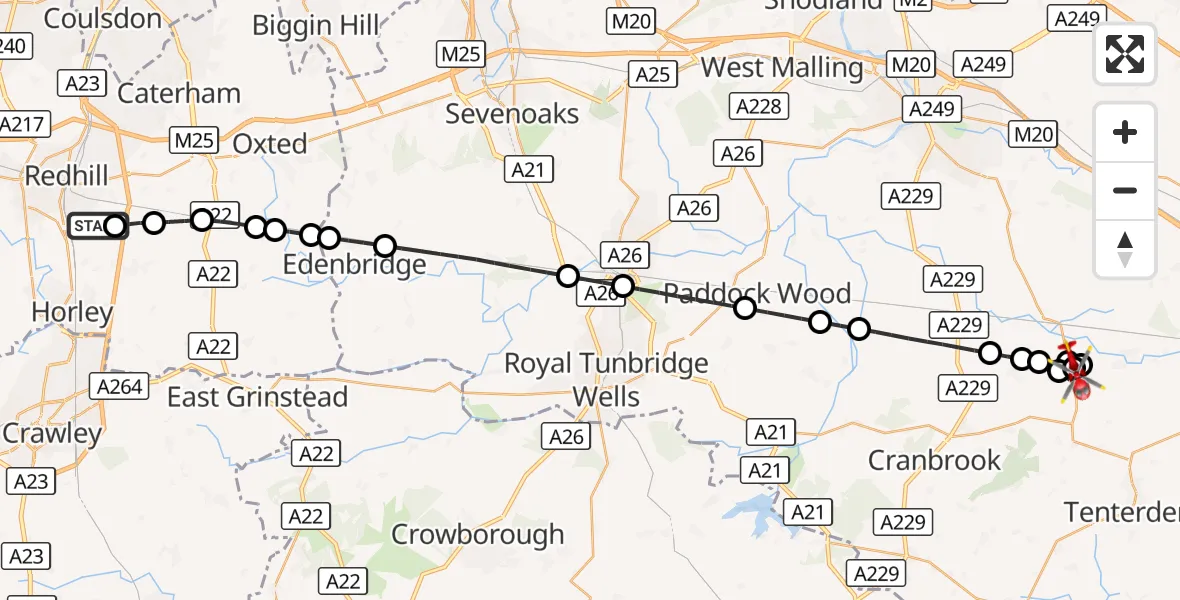 Flight route Air Ambulance Helicopter Redhill Aerodrome - Ashford, 26 August 2026, 10:50