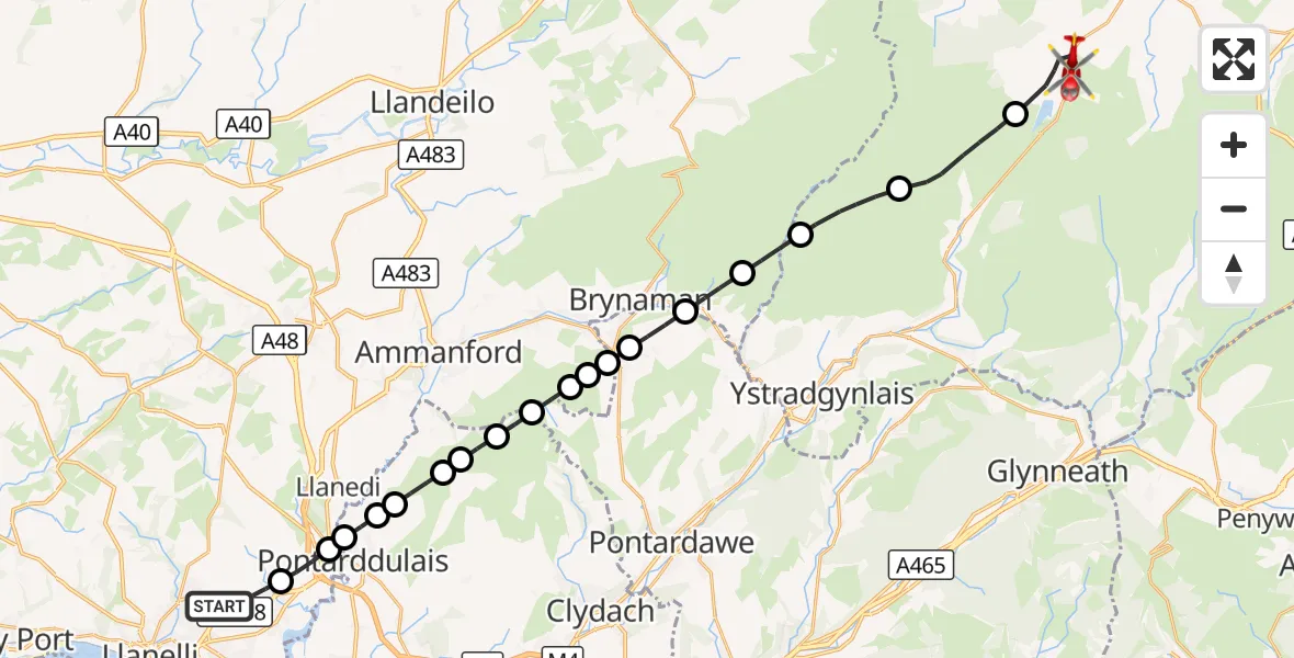 Flight route Air Ambulance Helicopter Dafen - Cray, 26 August 2026, 10:55