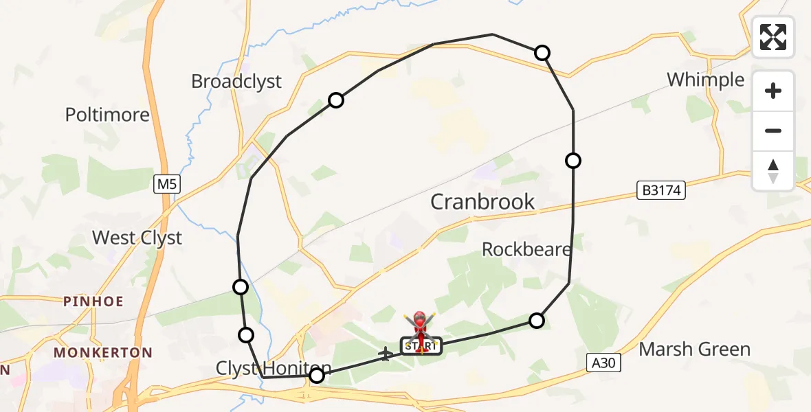 Flight route Air Ambulance Helicopter Exeter International Airport - Exeter International Airport, 26 August 2026, 10:58