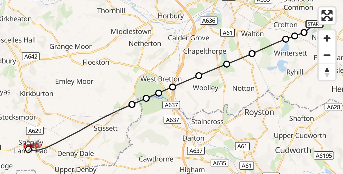 Flight route Air Ambulance Helicopter YAA Nostell Helicopter Port - Kirkburton, 26 August 2026, 11:04