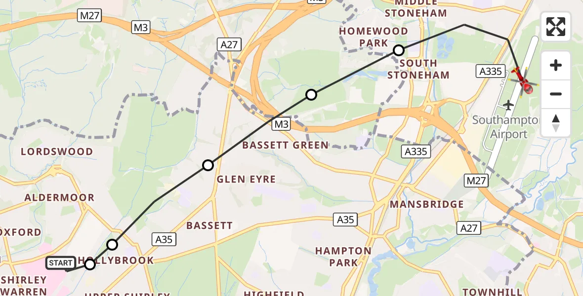 Flight route Air Ambulance Helicopter University Hospital Southampton - Southampton Airport, 26 August 2026, 11:06