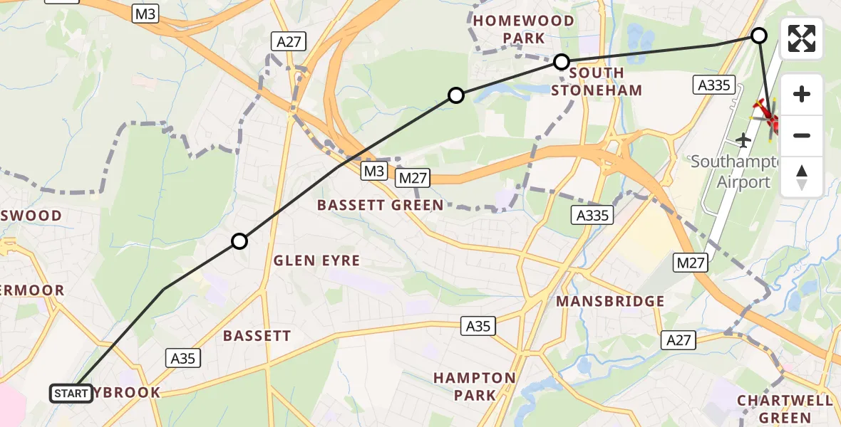 Flight route Air Ambulance Helicopter Hollybrook - Southampton Airport, 26 August 2026, 11:06