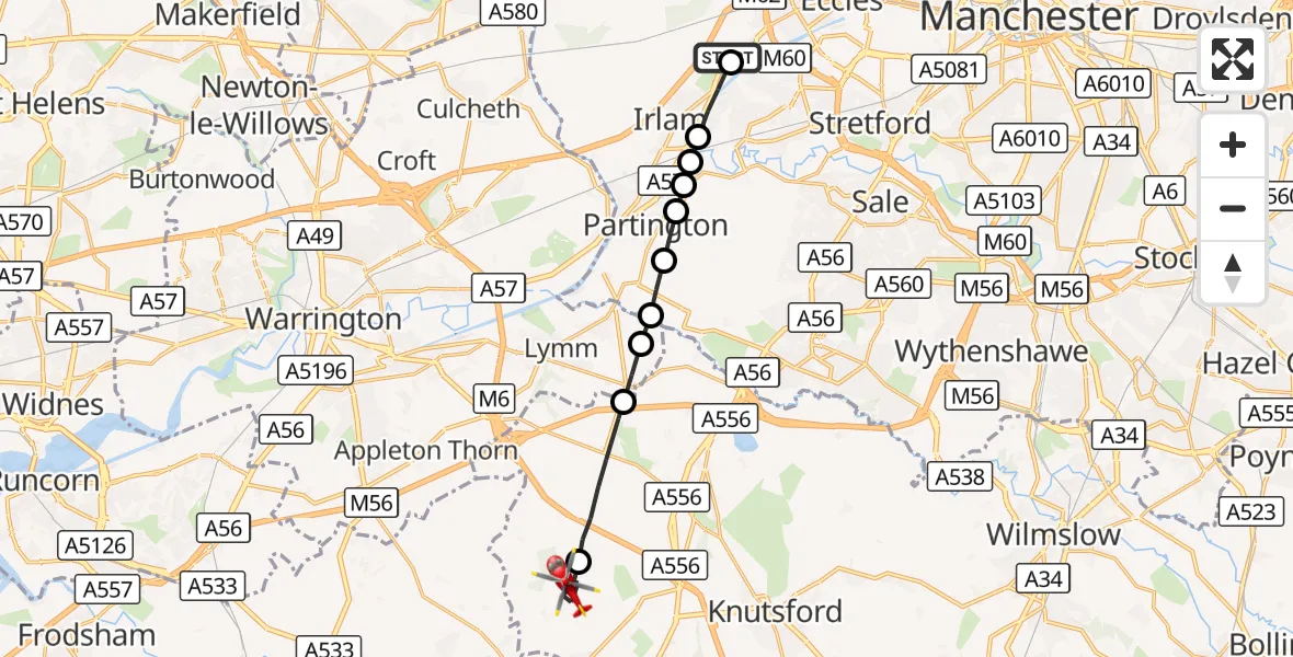 Flight route Air Ambulance Helicopter Manchester Barton Aerodrome - Aston by Budworth, 26 August 2026, 11:18