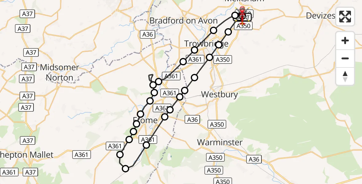 Flight route Air Ambulance Helicopter Wiltshire Air Ambulance - Wiltshire Air Ambulance, 26 August 2026, 11:21