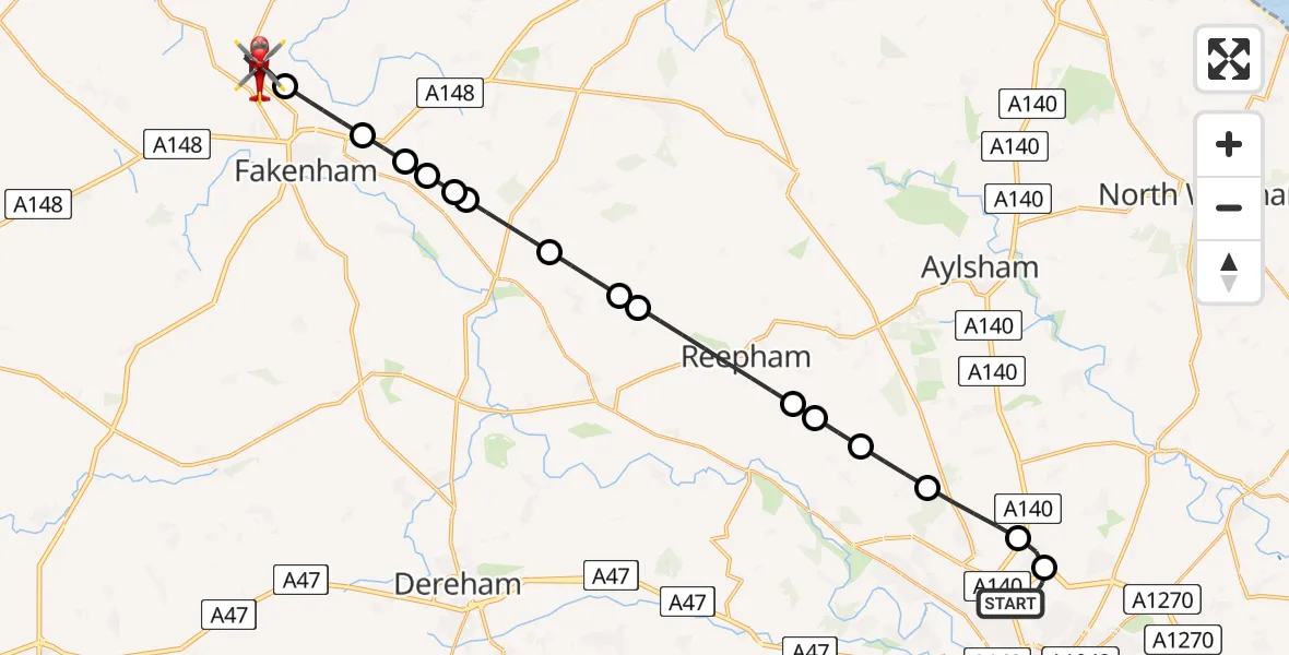 Flight route Air Ambulance Helicopter Norwich Airport - West Barsham, 26 August 2026, 11:26