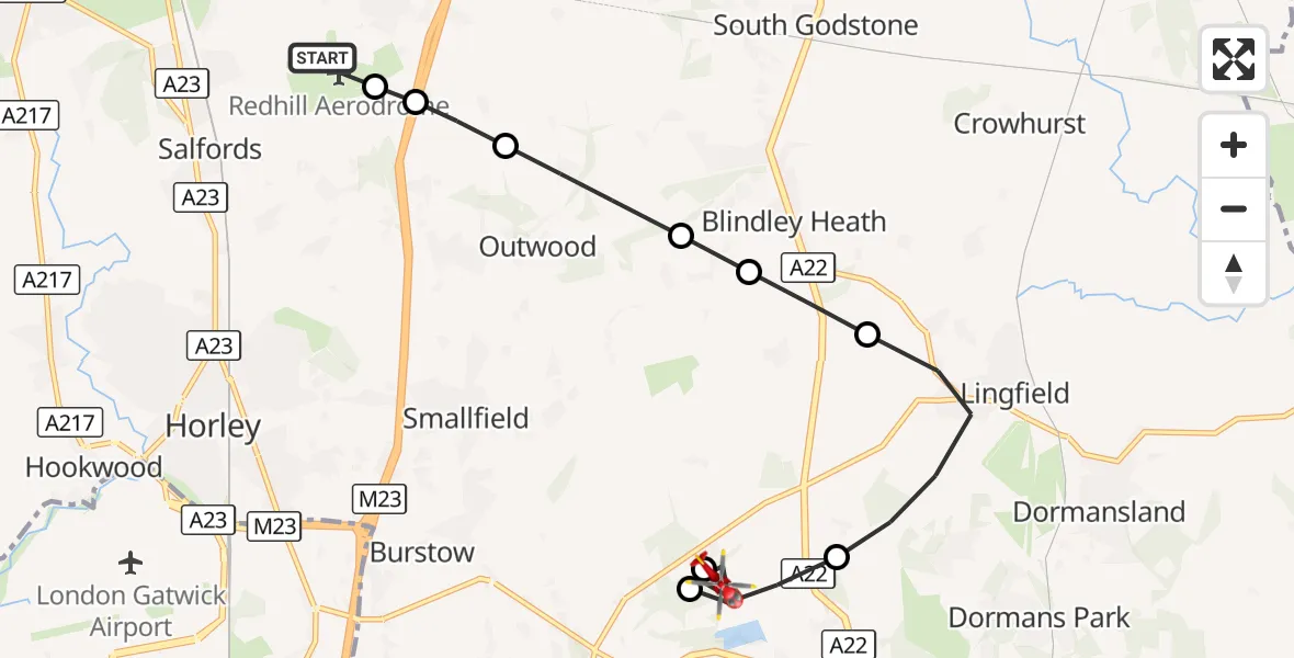 Flight route Air Ambulance Helicopter Redhill Aerodrome - Felbridge, 26 August 2026, 11:30