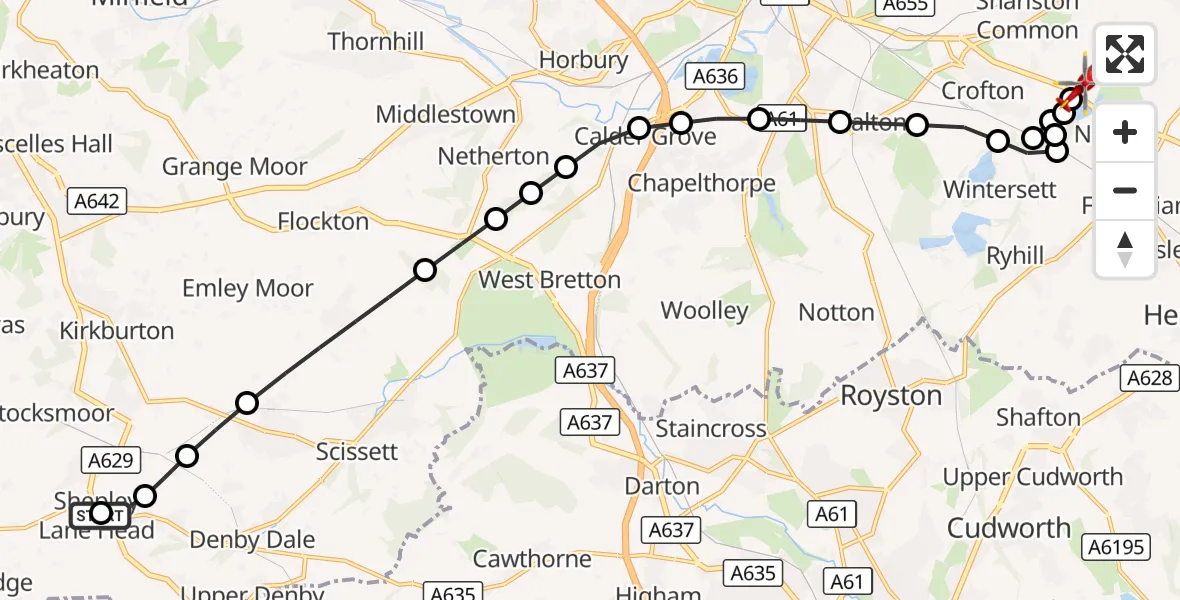 Flight route Air Ambulance Helicopter Kirkburton - YAA Nostell Helicopter Port, 26 August 2026, 11:32