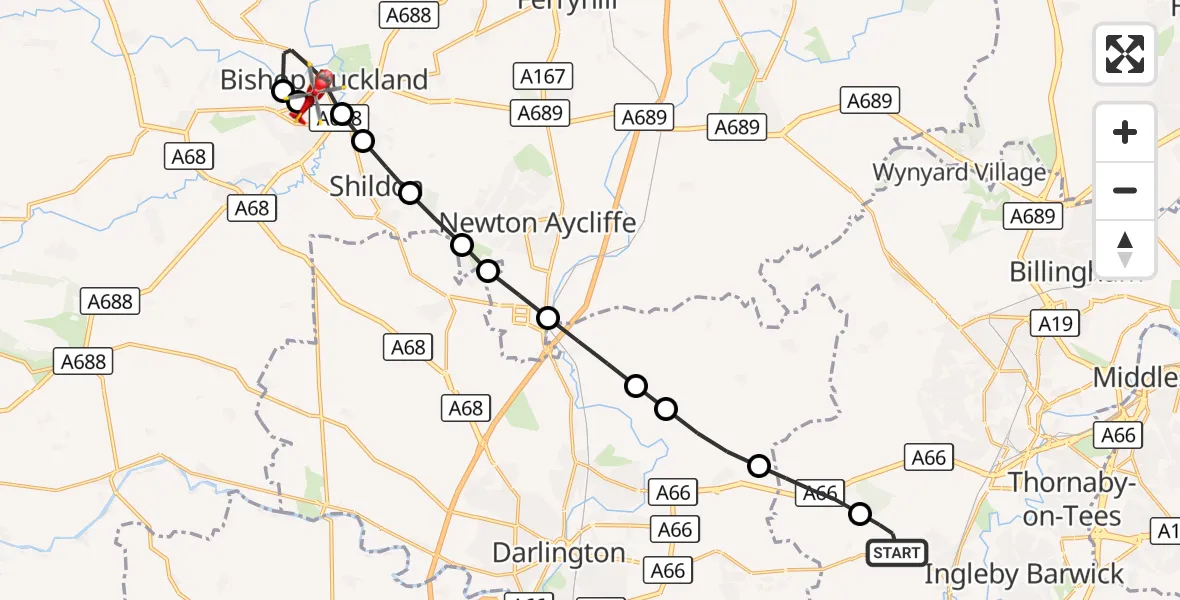 Flight route Air Ambulance Helicopter Egglescliffe - Bishop Auckland, 26 August 2026, 11:34