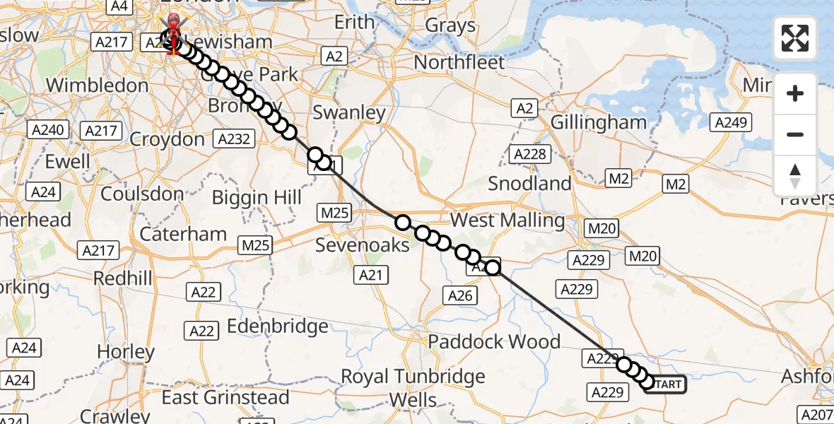 Flight route Air Ambulance Helicopter Ashford - Kings College London Hospital, 26 August 2026, 11:53