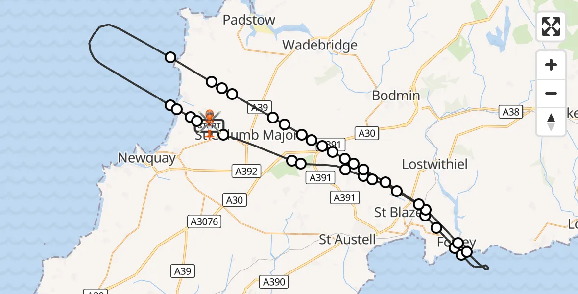 Flight route Coastguard Helicopter Cornwall Airport Newquay - Cornwall Airport Newquay, 26 August 2026, 11:53