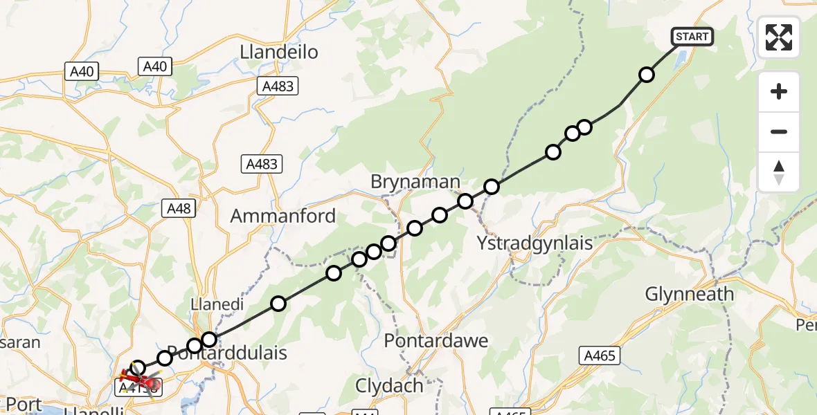 Flight route Air Ambulance Helicopter Cray - Dafen, 26 August 2026, 11:58