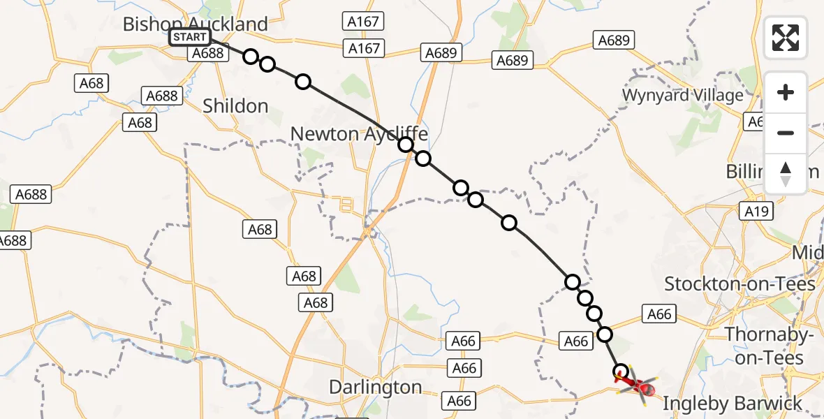 Flight route Air Ambulance Helicopter Bishop Auckland - Egglescliffe, 26 August 2026, 12:04