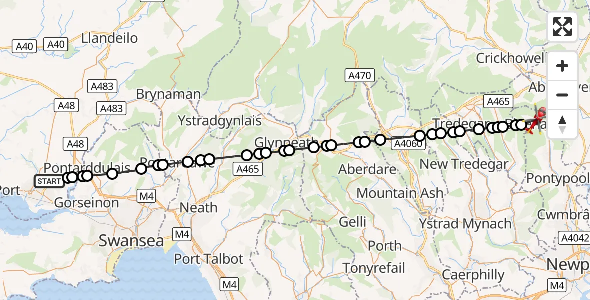 Flight route Air Ambulance Helicopter Dafen - Blaenavon, 26 August 2026, 12:27