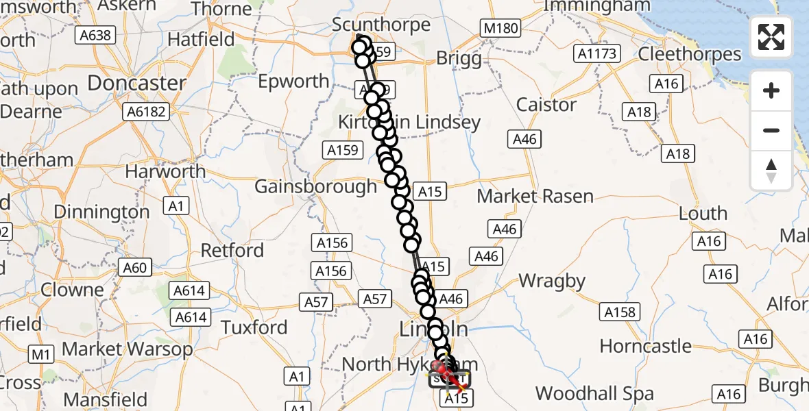 Flight route Air Ambulance Helicopter RAF Waddington - North Kesteven, 26 August 2026, 12:30