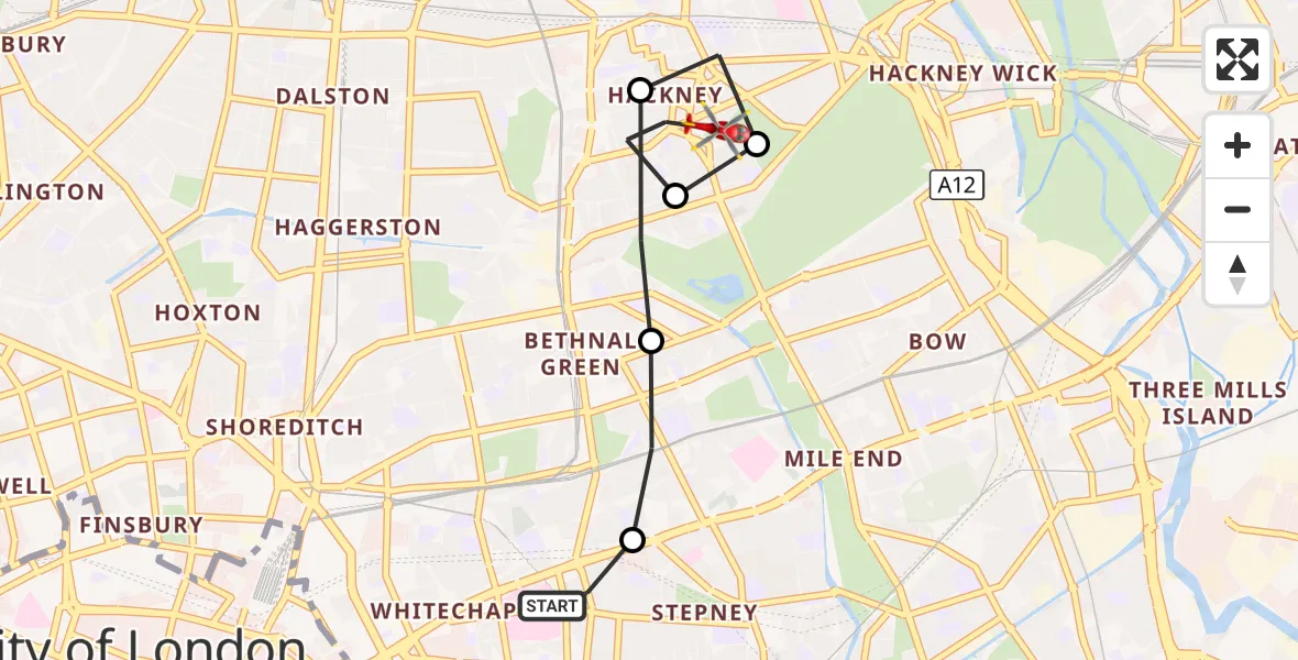 Flight route Air Ambulance Helicopter Royal London Hospital - Hackney, 26 August 2026, 12:31
