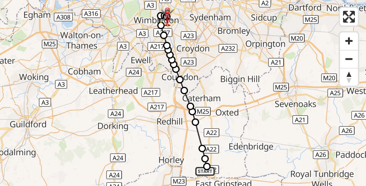 Flight route Air Ambulance Helicopter Felbridge - St Georges Hospital, 26 August 2026, 12:34