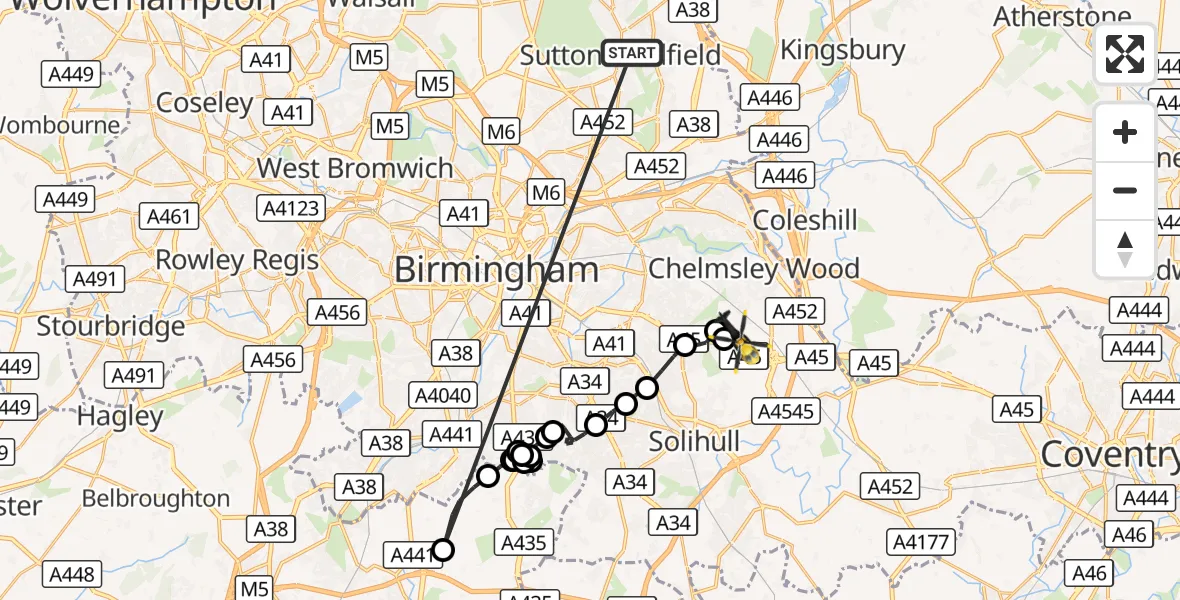 Flight route Police Helicopter Sutton Coldfield - Birmingham Airport, 26 August 2026, 12:44