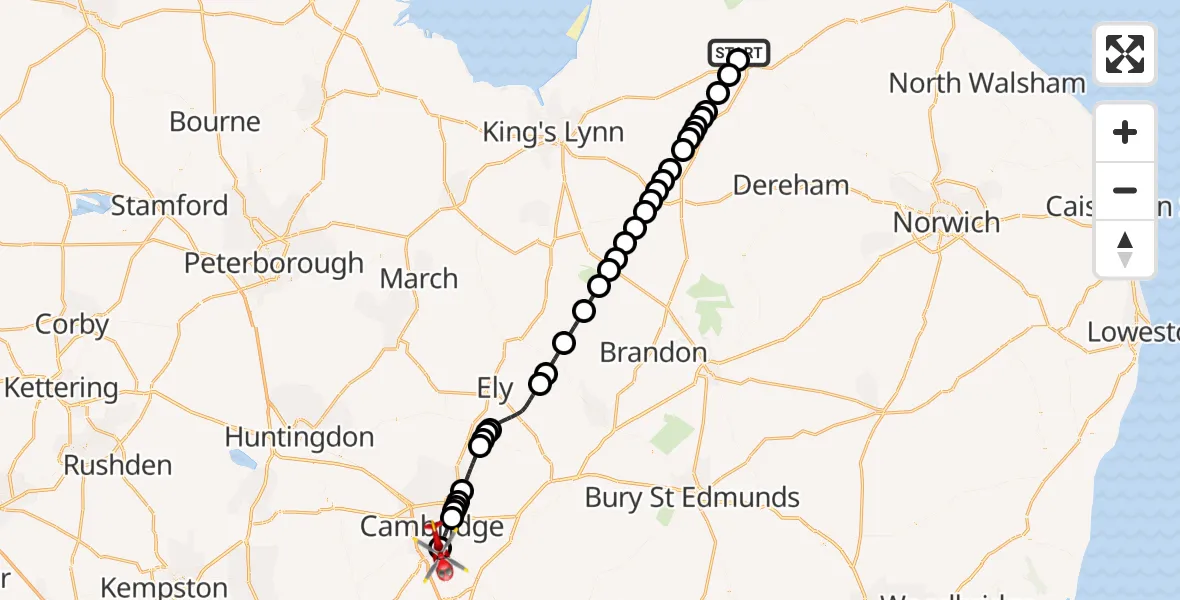 Flight route Air Ambulance Helicopter West Barsham - Papworth Hospital, 26 August 2026, 12:44