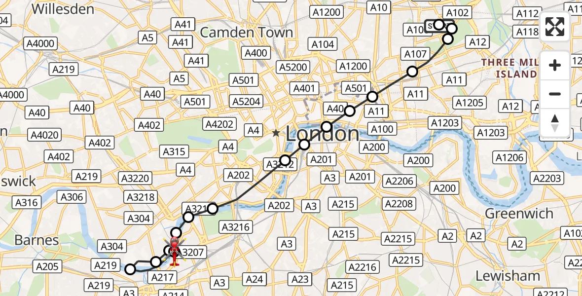 Flight route Air Ambulance Helicopter Hackney - London Heliport, 26 August 2026, 12:56