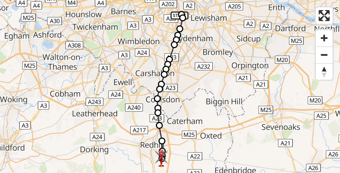 Flight route Air Ambulance Helicopter Kings College London Hospital - Redhill Aerodrome, 26 August 2026, 13:04