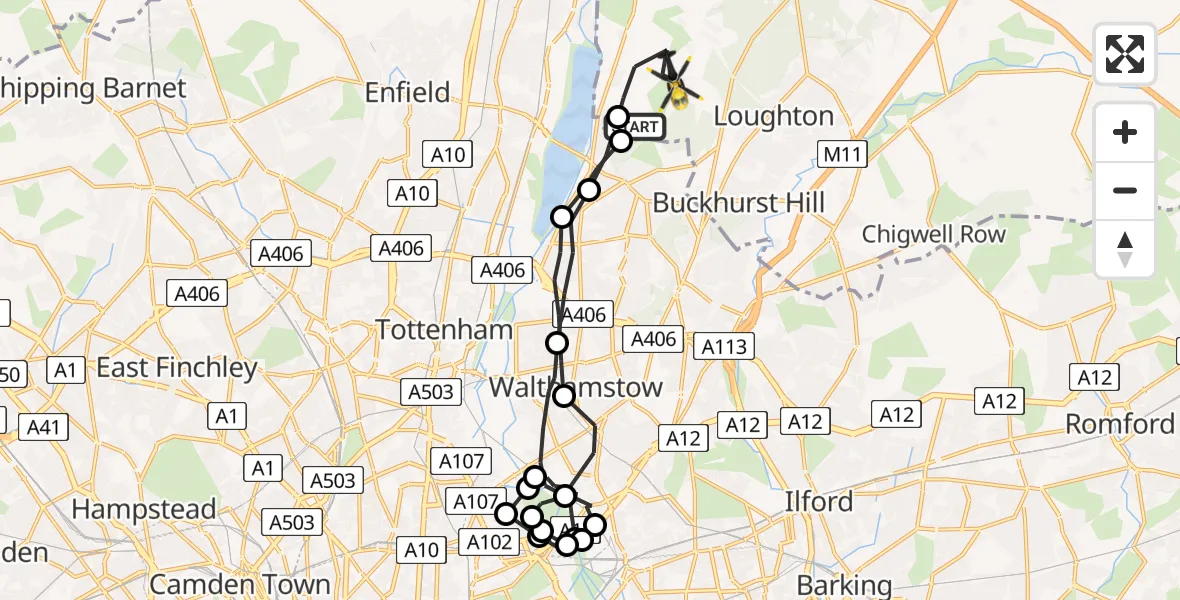 Flight route Police Helicopter Chingford - Metropolitan Police Air Support Unit Lippitts Hill, 26 August 2026, 13:12
