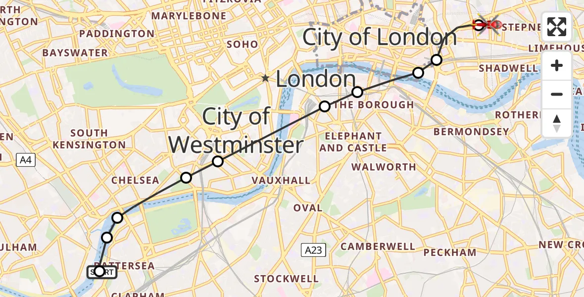 Flight route Air Ambulance Helicopter London Heliport - Royal London Hospital, 26 August 2026, 13:12