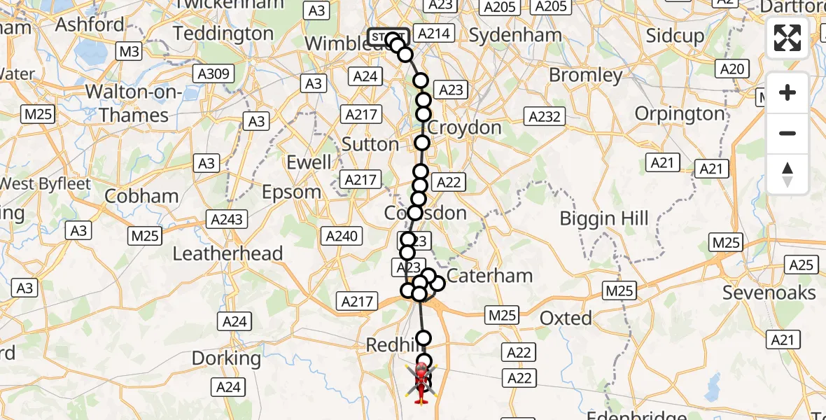Flight route Air Ambulance Helicopter St Georges Hospital - Redhill Aerodrome, 26 August 2026, 13:20