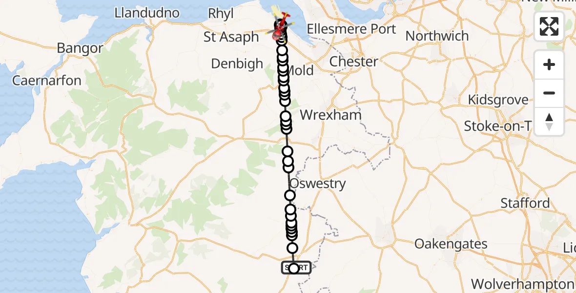 Flight route Air Ambulance Helicopter Welshpool Airport - Bryn Celyn, 26 August 2026, 13:40