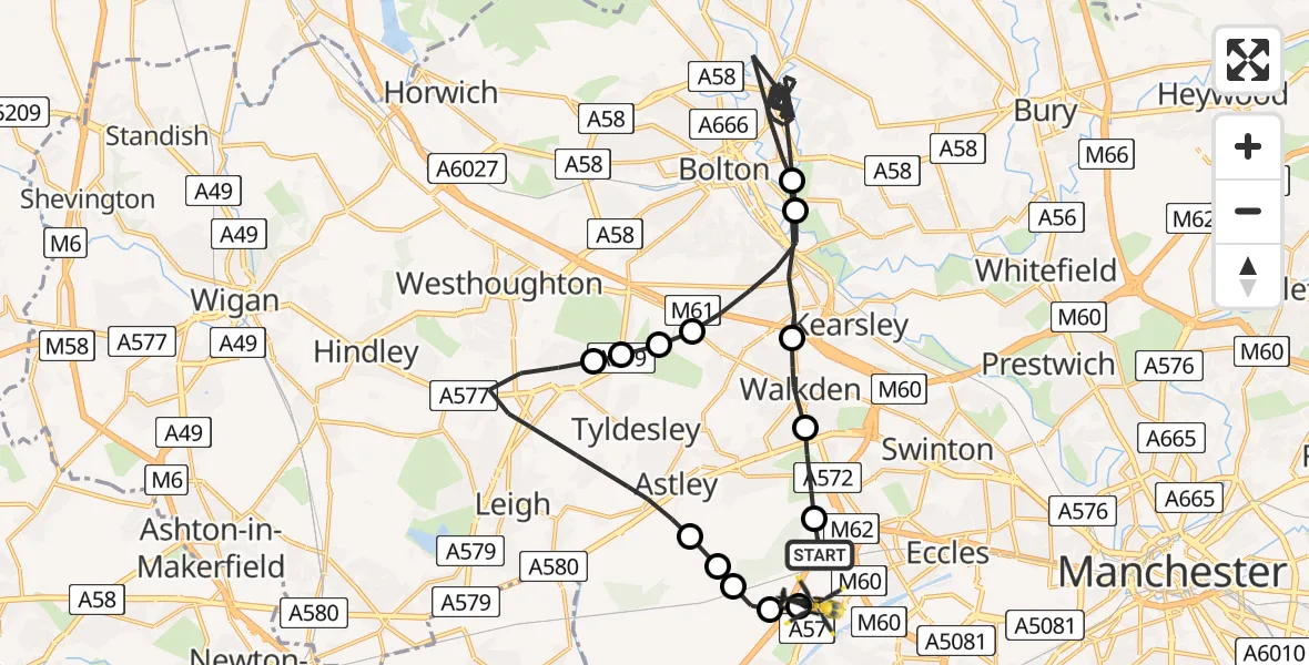 Flight route Police Helicopter Worsley - Manchester Barton Aerodrome, 26 August 2026, 13:50