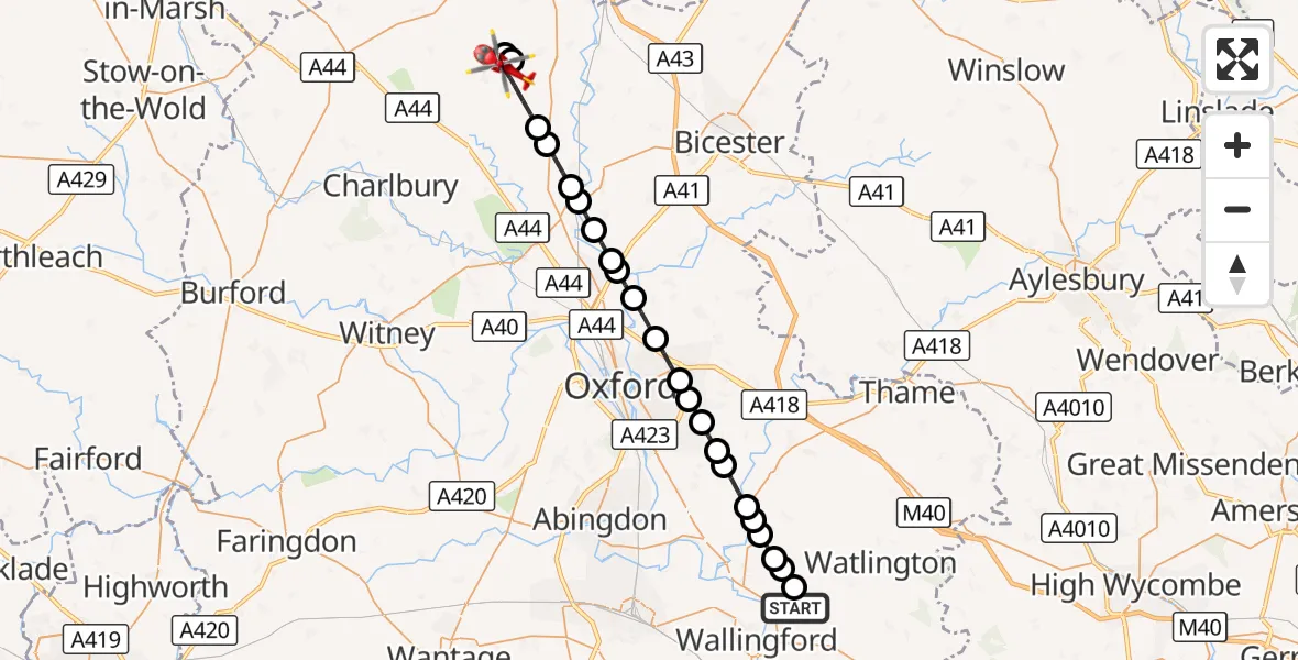 Flight route Air Ambulance Helicopter RAF Benson - Middle Barton, 26 August 2026, 14:05
