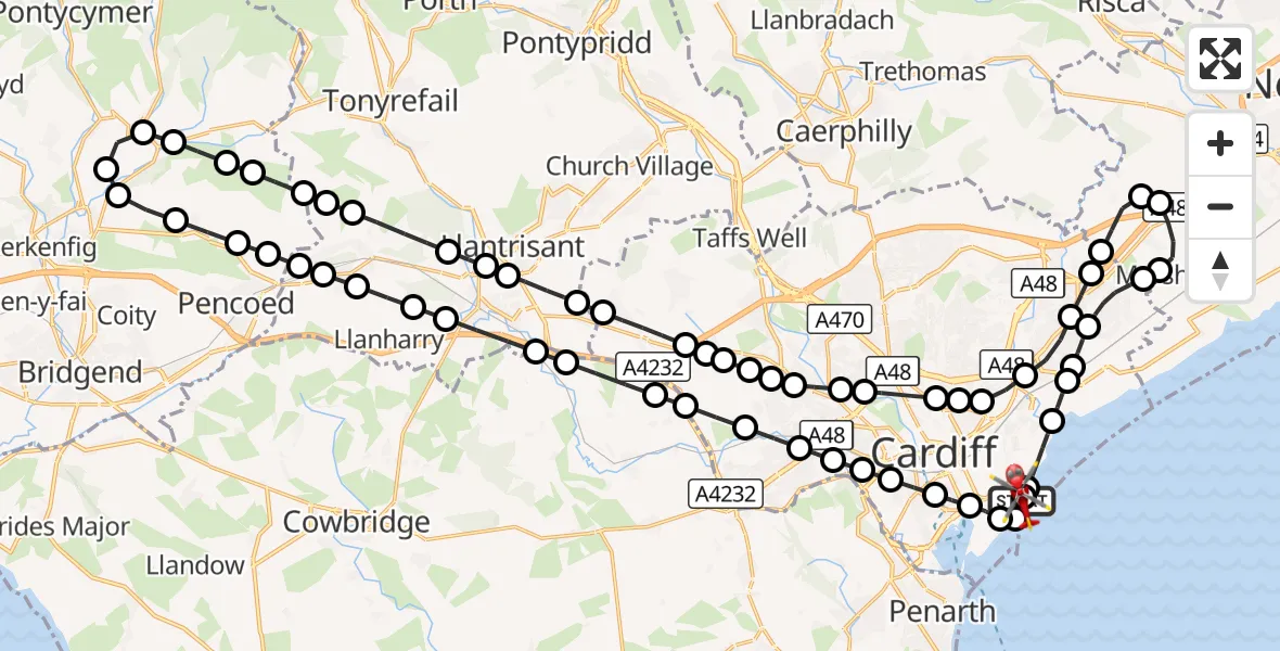 Flight route Air Ambulance Helicopter Cardiff Heliport - Cardiff Heliport, 26 August 2026, 14:15