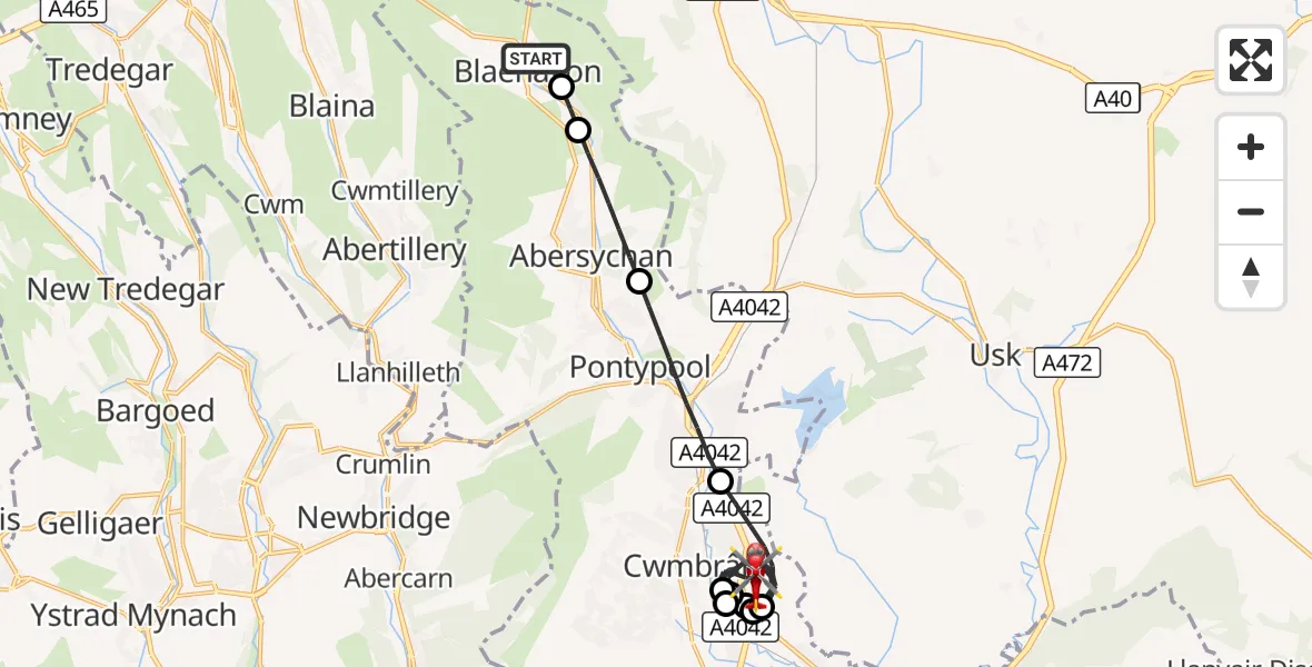 Flight route Air Ambulance Helicopter Blaenavon - Grange University Hospital Heliport, 26 August 2026, 14:22