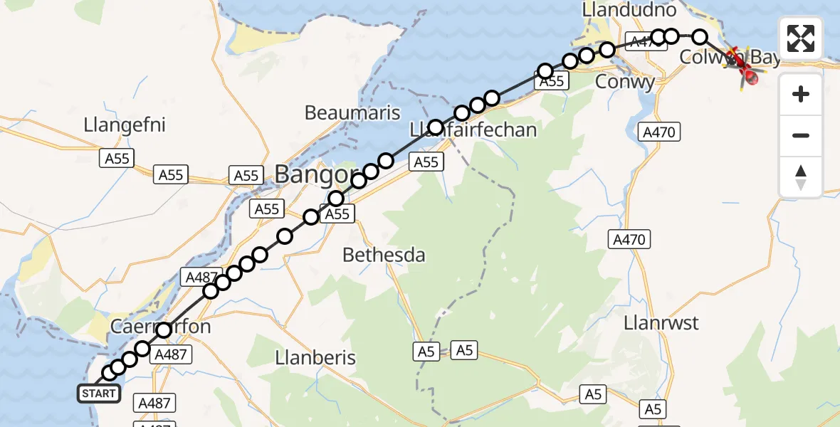 Flight route Air Ambulance Helicopter Caernarfon Airport - Colwyn Bay, 26 August 2026, 14:22